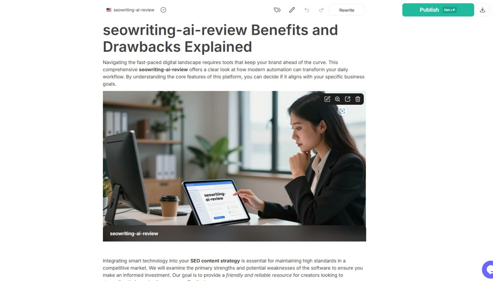Generated article draft inside SEOWriting.ai showing headline, introduction and key takeaways