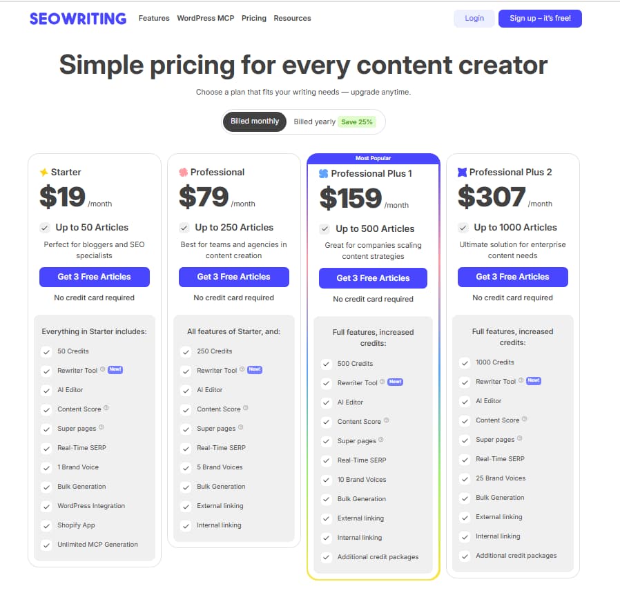 SEOWriting.ai monthly pricing page showing Starter, Professional, Professional Plus 1 and Professional Plus 2 plans