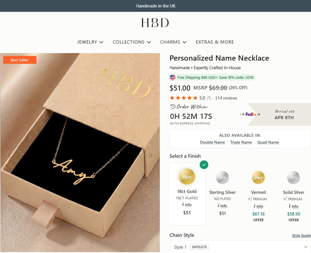 HBD Personalized Name Necklace product page showing current price, reviews, finish options, and the core single-name personalised route