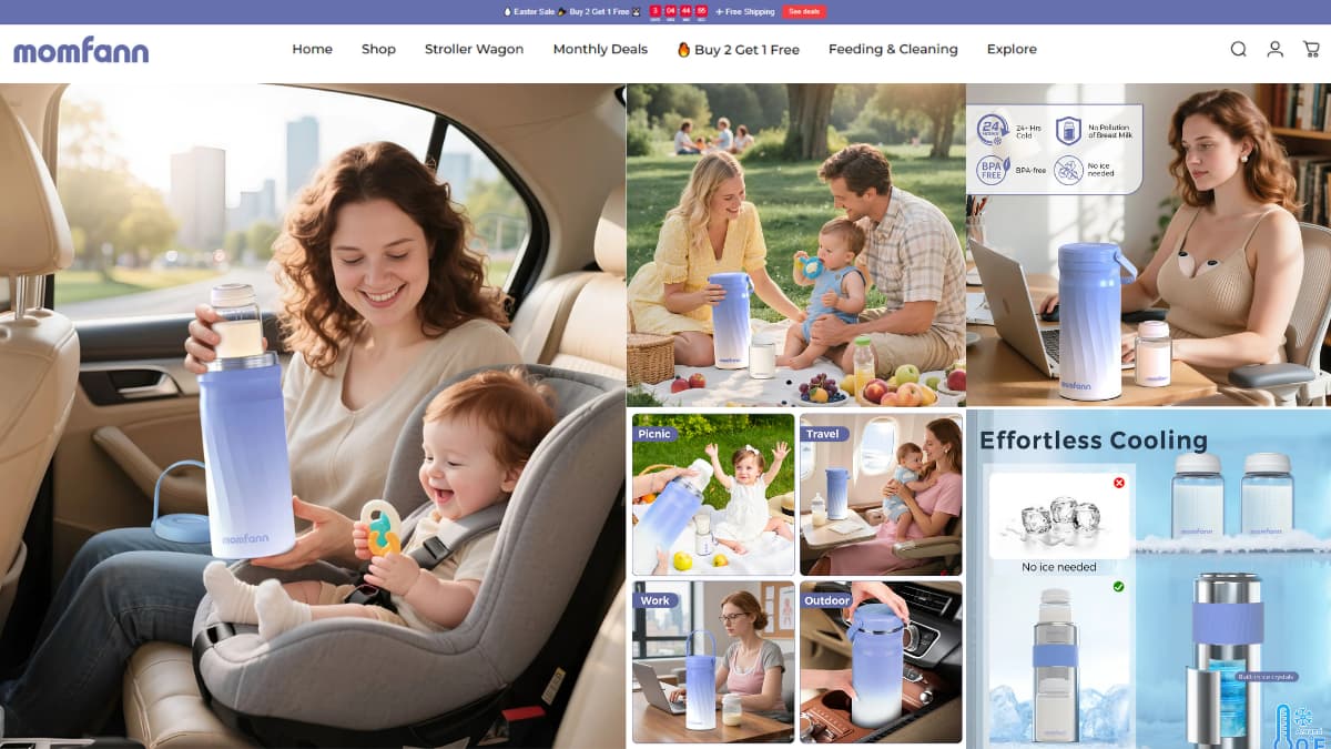 Momfann portable breast milk cooler shown in real-life car, family, work, and outdoor feeding scenarios as a possible first on-the-go feeding upgrade.