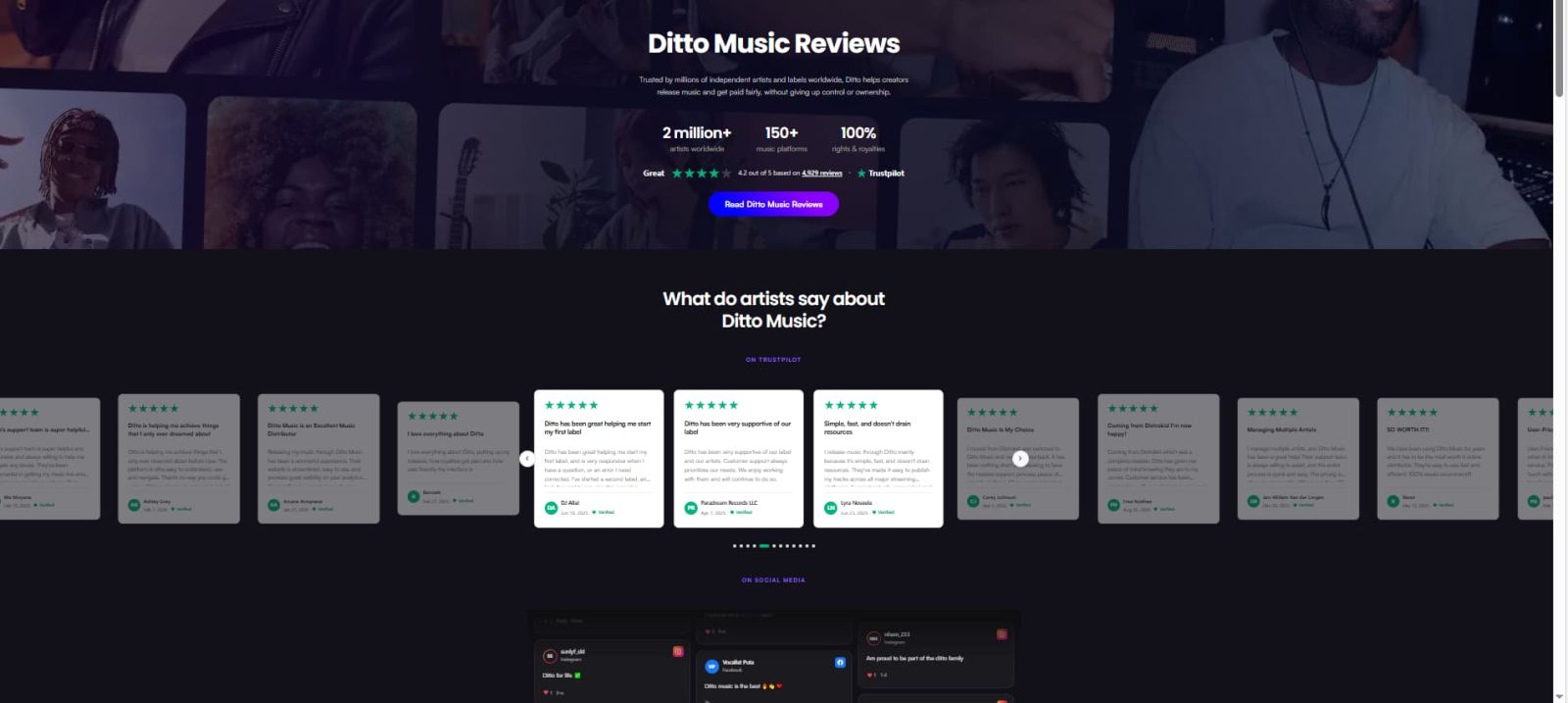 Ditto Music reviews page showing Trustpilot rating, platform reach, rights and royalties claims, and artist review snippets