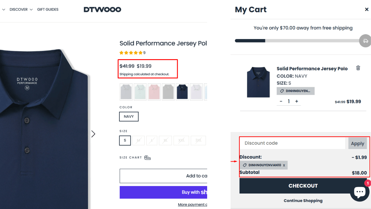 DTWOOO Solid Performance Jersey Polo product page showing sale price, discount code applied at checkout, and final reduced subtotal