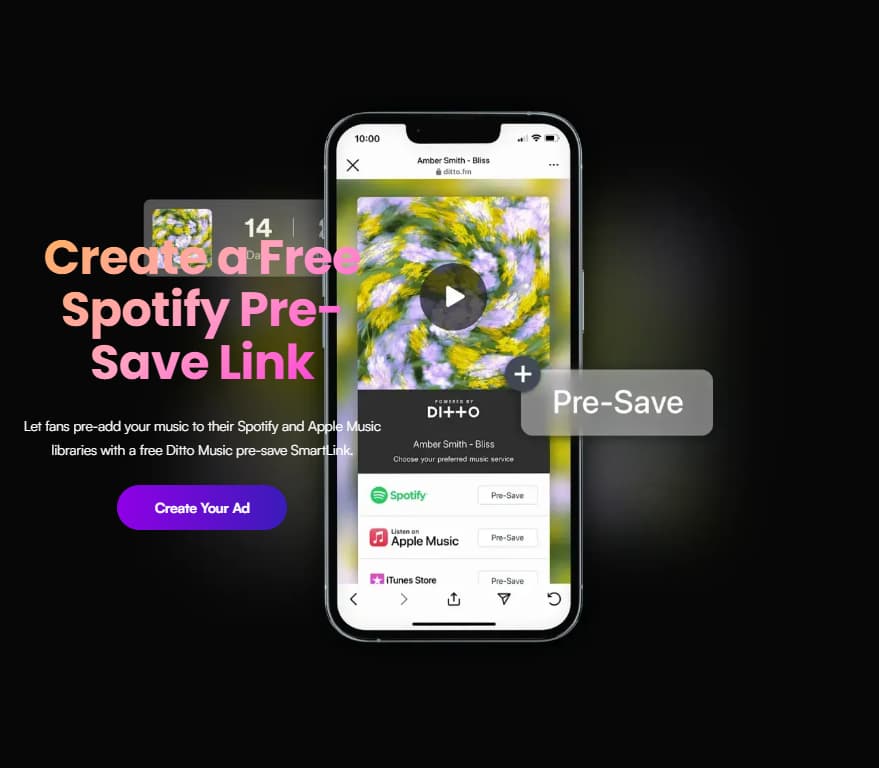 Ditto Music pre-save link page showing a phone mockup with Spotify and Apple Music pre-save options before release day