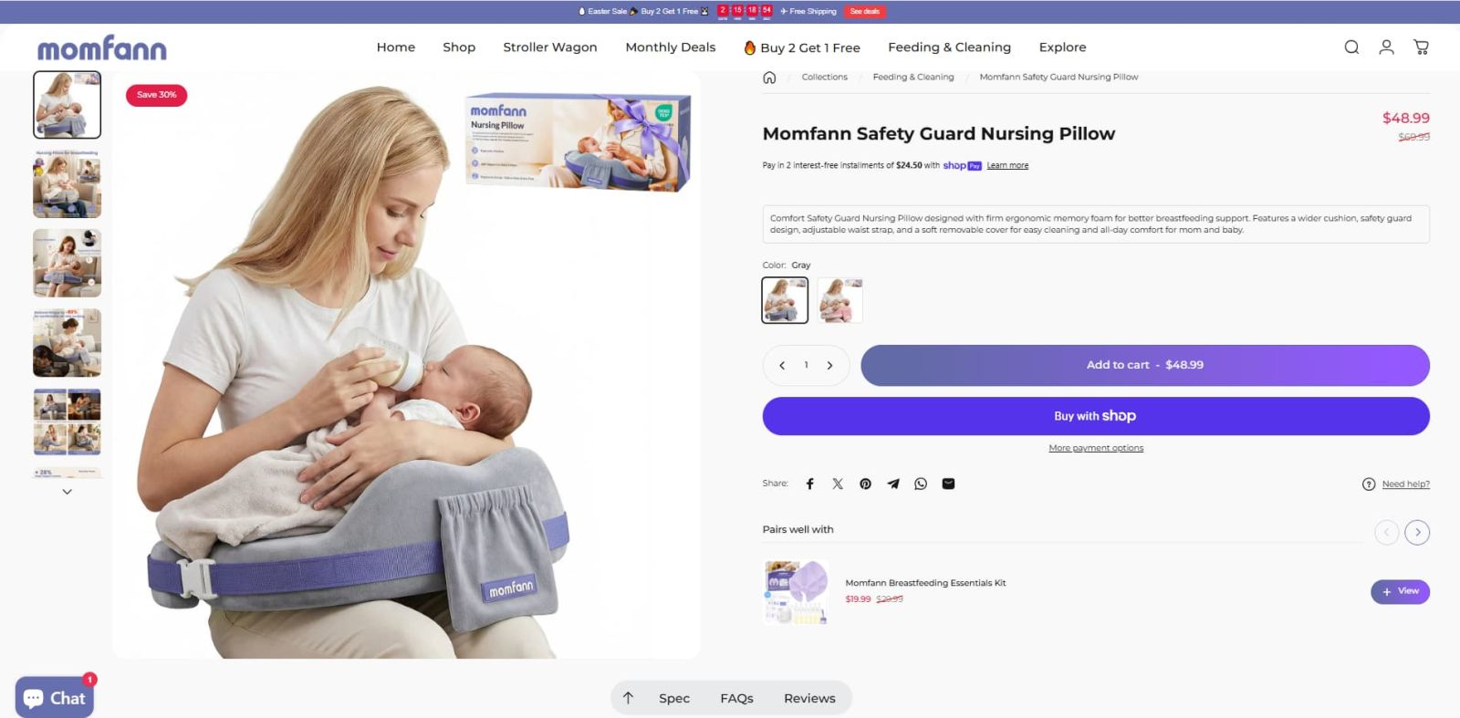 Momfann Safety Guard Nursing Pillow product page showing a mother bottle-feeding a baby while using the nursing pillow.