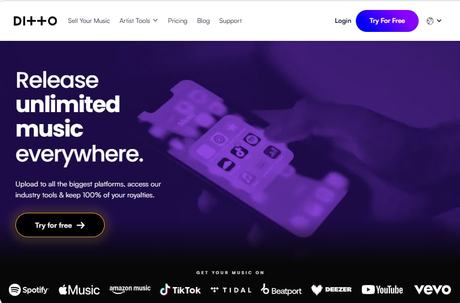 Ditto Music homepage showing unlimited music distribution, major platform reach, and 100 percent royalty retention for independent artists