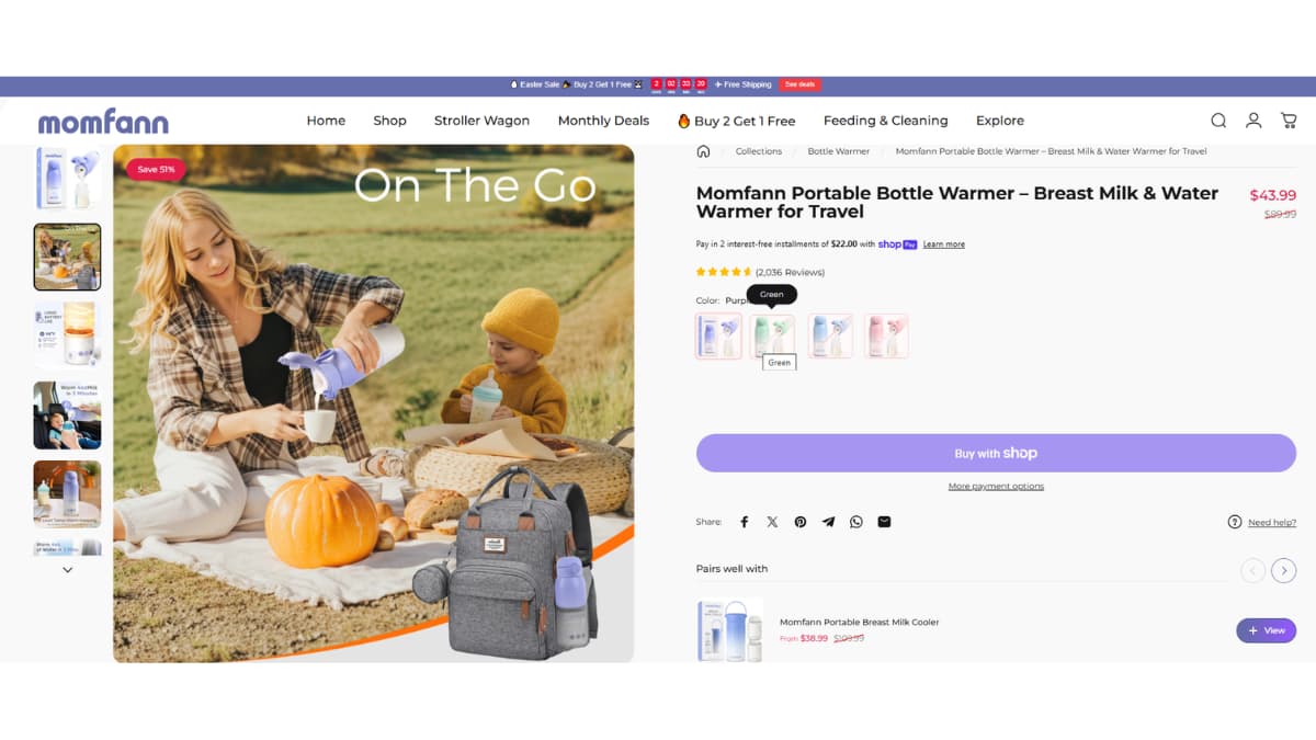 Momfann portable bottle warmer being used outdoors during a family outing