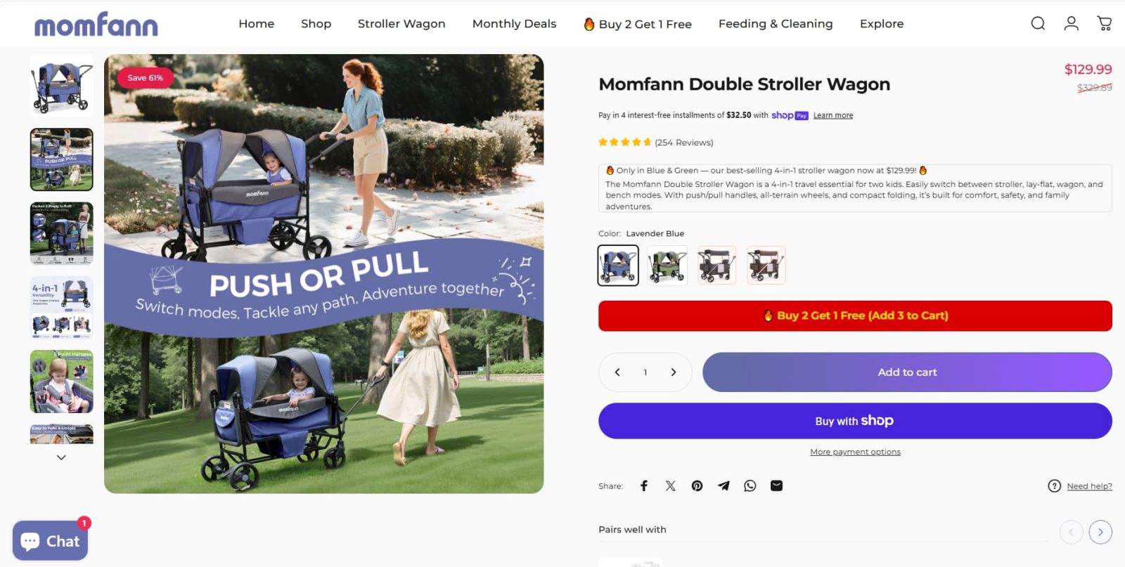 Momfann double stroller wagon being pushed outdoors during a family outing