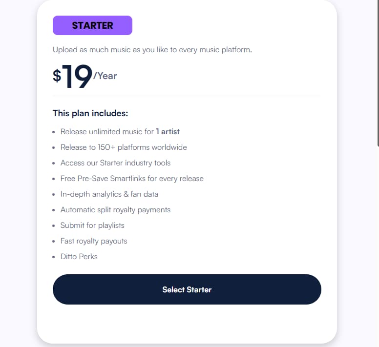Ditto Music Starter plan showing one-artist distribution, platform reach, analytics, and payout features