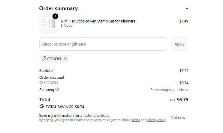 CODE83 checkout proof for 6-in-1 Multicolor Pen Stamp Set