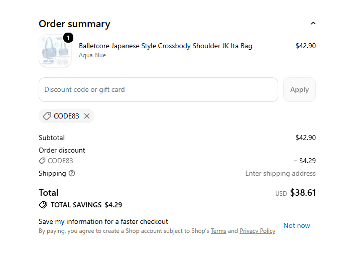 CODE83 checkout proof for Balletcore Japanese Style Crossbody Shoulder JK Ita Bag