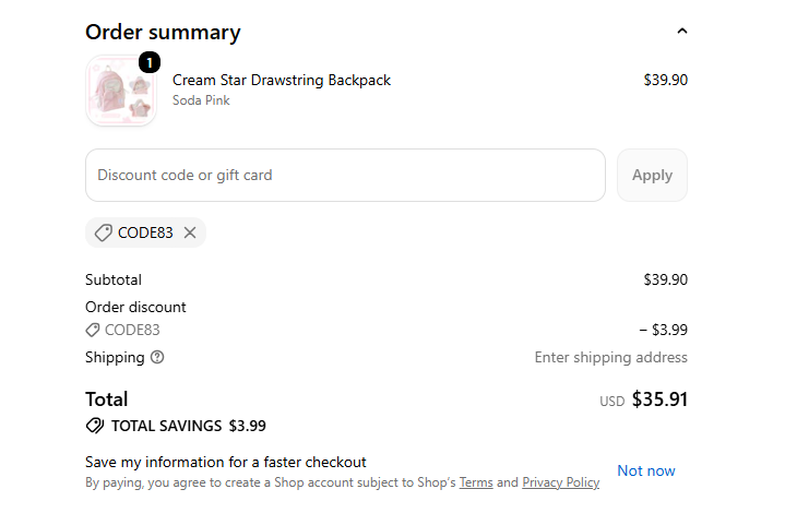 CODE83 checkout proof for Cream Star Drawstring Backpack