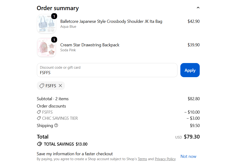 FSFFS checkout proof showing $10 off a qualifying ChicChoi order