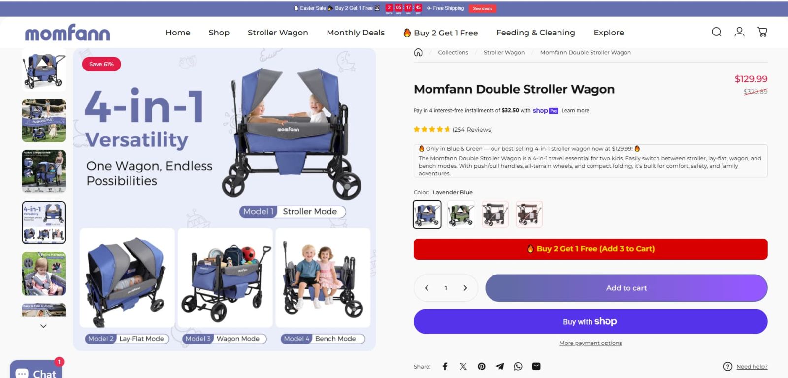 Momfann double stroller wagon product page showing 4-in-1 modes including stroller, lay-flat, wagon, and bench mode