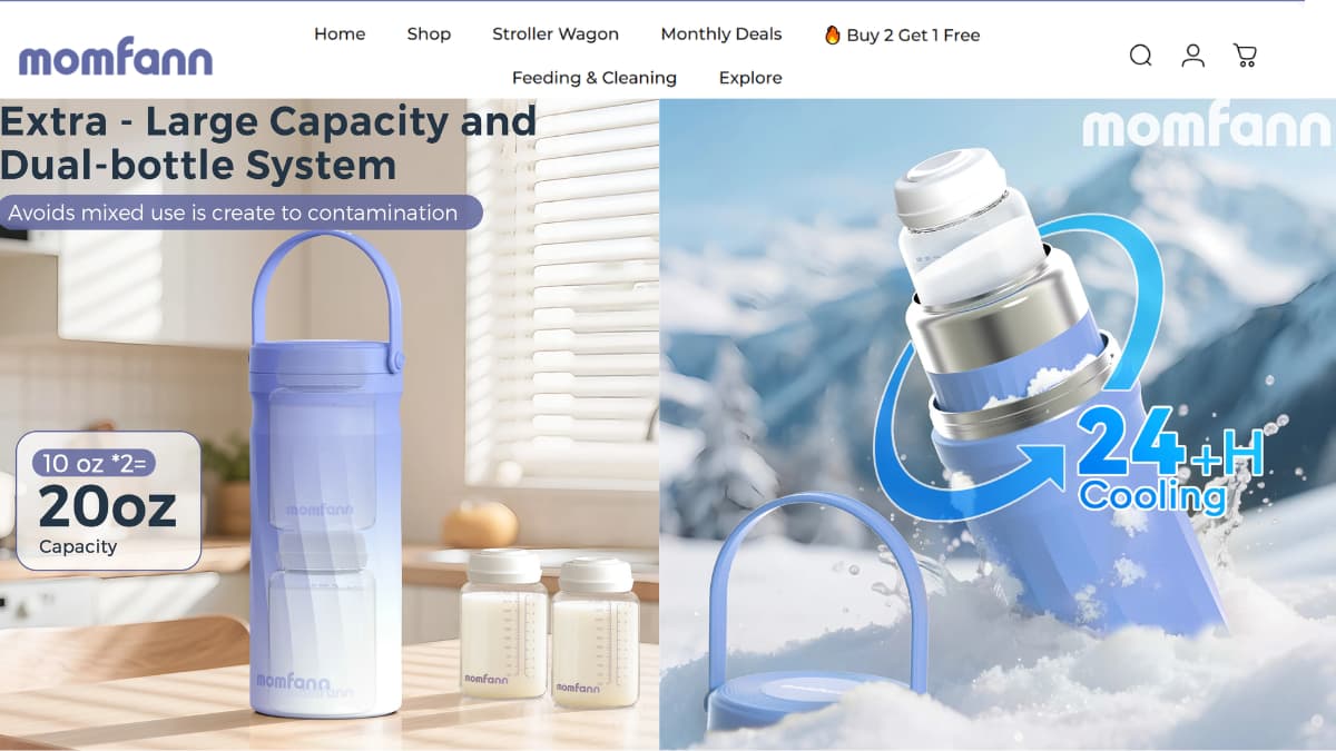 Momfann portable breast milk cooler product image highlighting 24+ hour cooling, dual-bottle storage system, and 20oz capacity on the live product page.
