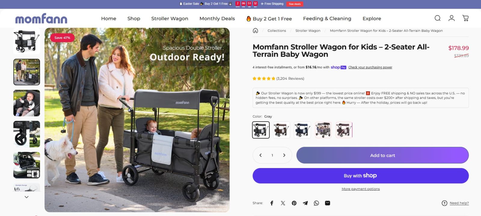 Momfann 2-seater all-terrain stroller wagon shown on product page with outdoor-ready positioning