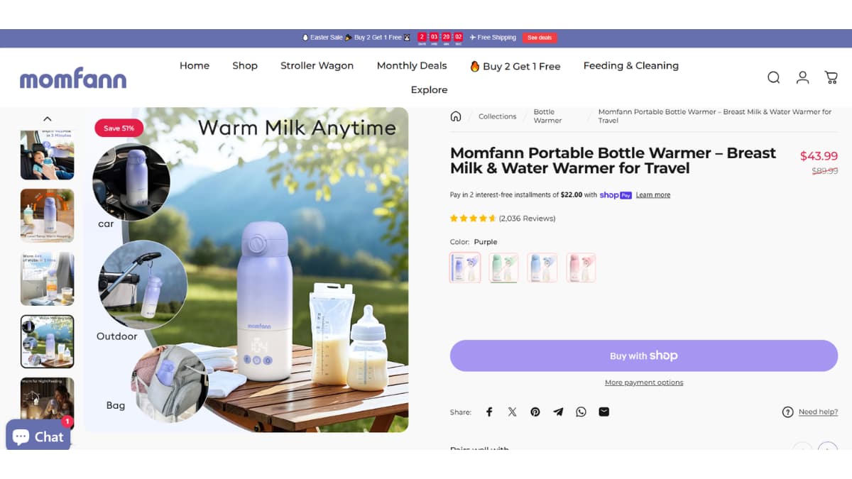 Momfann portable bottle warmer shown with travel use examples including car, outdoor, and bag carry