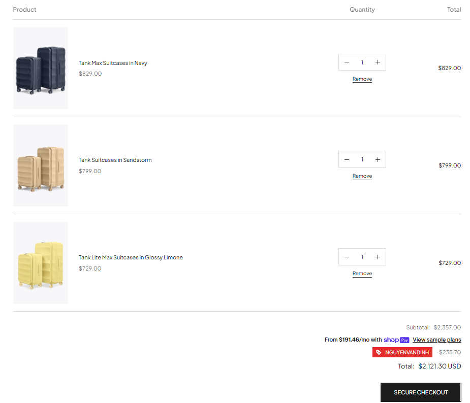 NGUYENVANDINH code applying 10% off three eligible 4MYTU suitcase sets at checkout