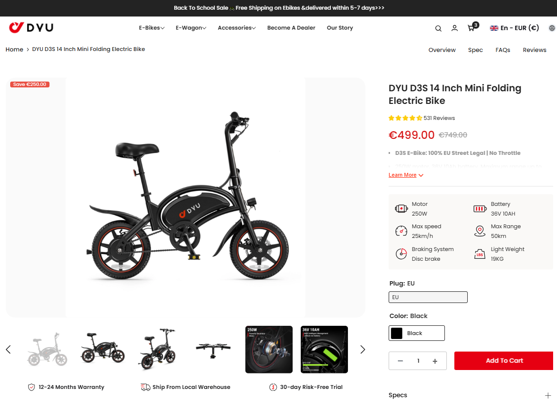 DYU D3S 14 Inch Mini Folding Electric Bike