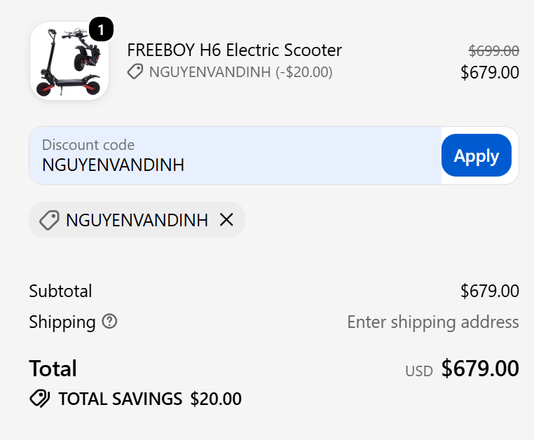 FREEBOY discount code NGUYENVANDINH 20 dollars off H6 electric scooter checkout proof