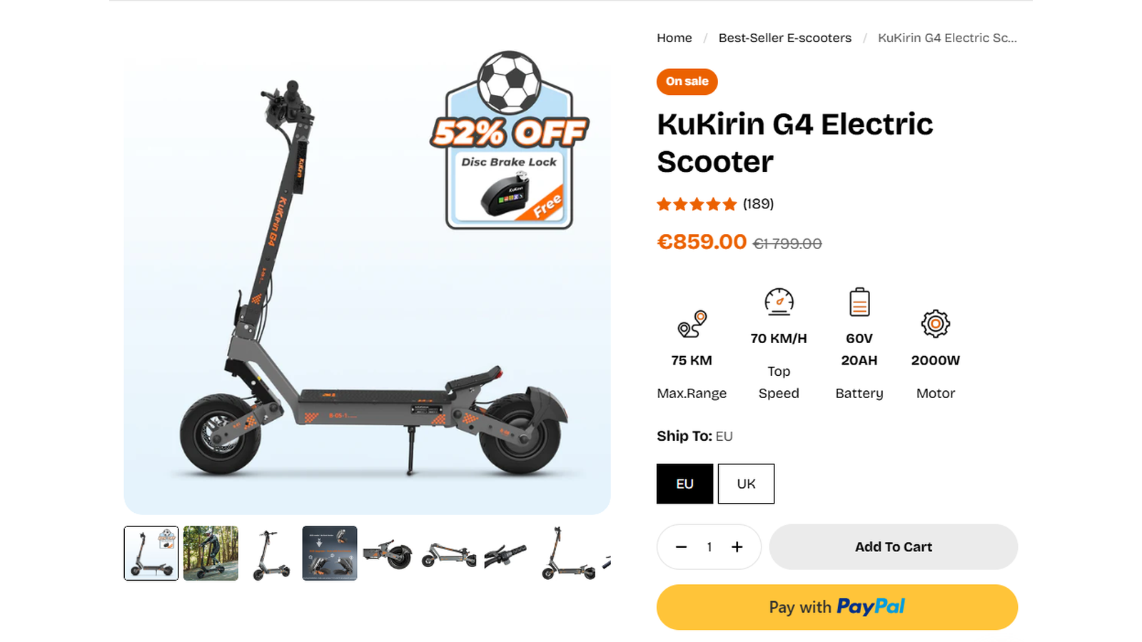 KuKirin G4 product page showing €859 sale price and €1,799 original price