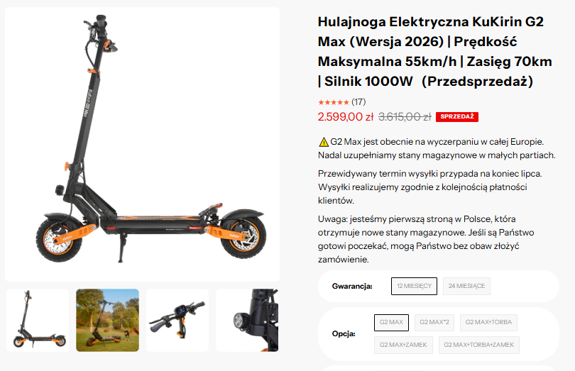 KuKirin G2 Max 2026 promocja — cena 2 599 zł zamiast 3 615 zł