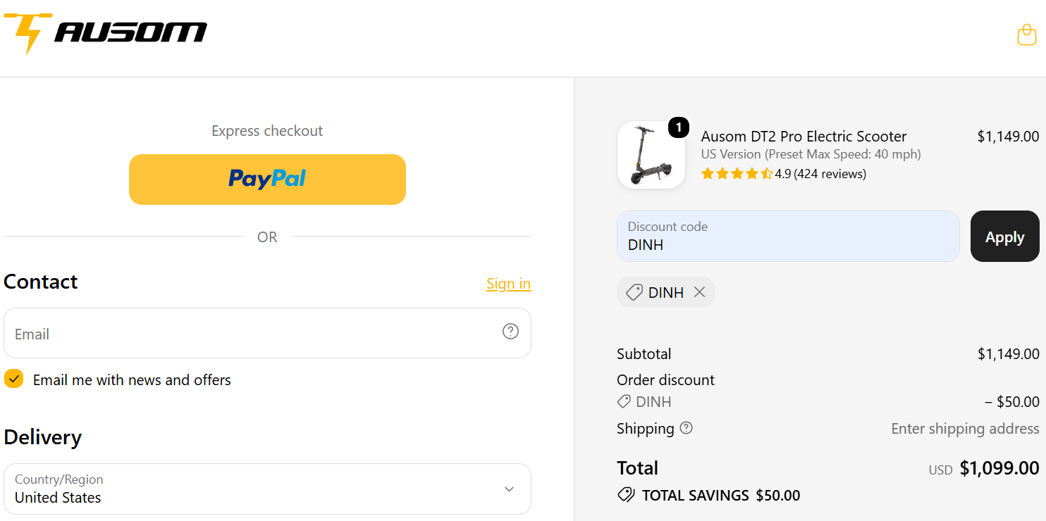 code dinh -$50_Ausom DT2 Pro Electric Scooter