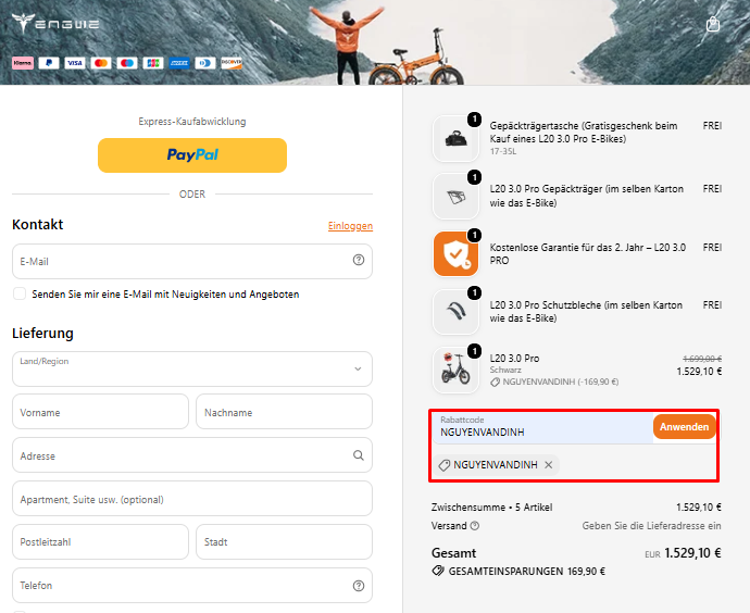 Engwe Gutscheincode NGUYENVANDINH mit 10 % Rabatt auf das L20 3.0 Pro