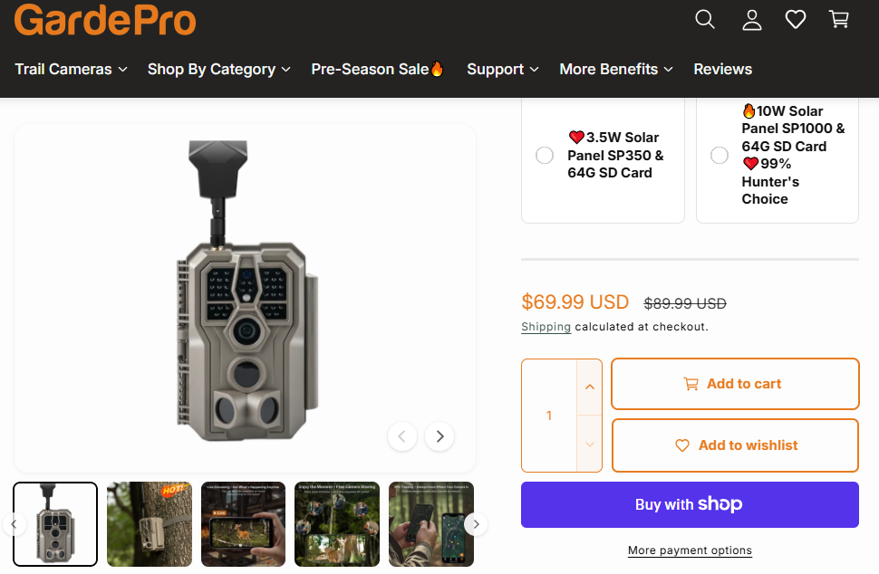 GardePro X66 Pro product page showing the price reduced from $89.99 to $69.99