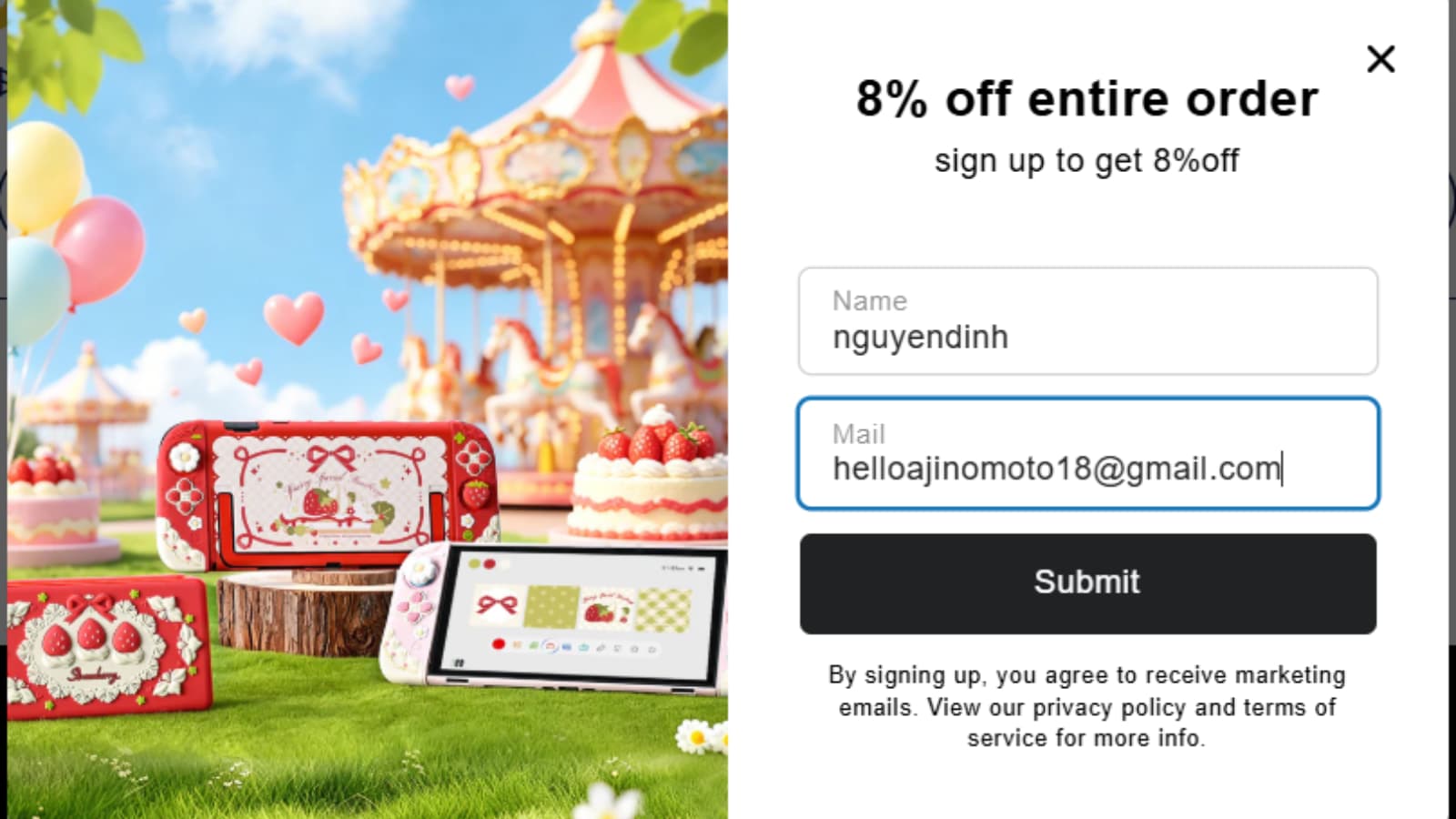 GeekShare email signup popup proof showing 8% off entire order before GEEKSHARE8 code generation