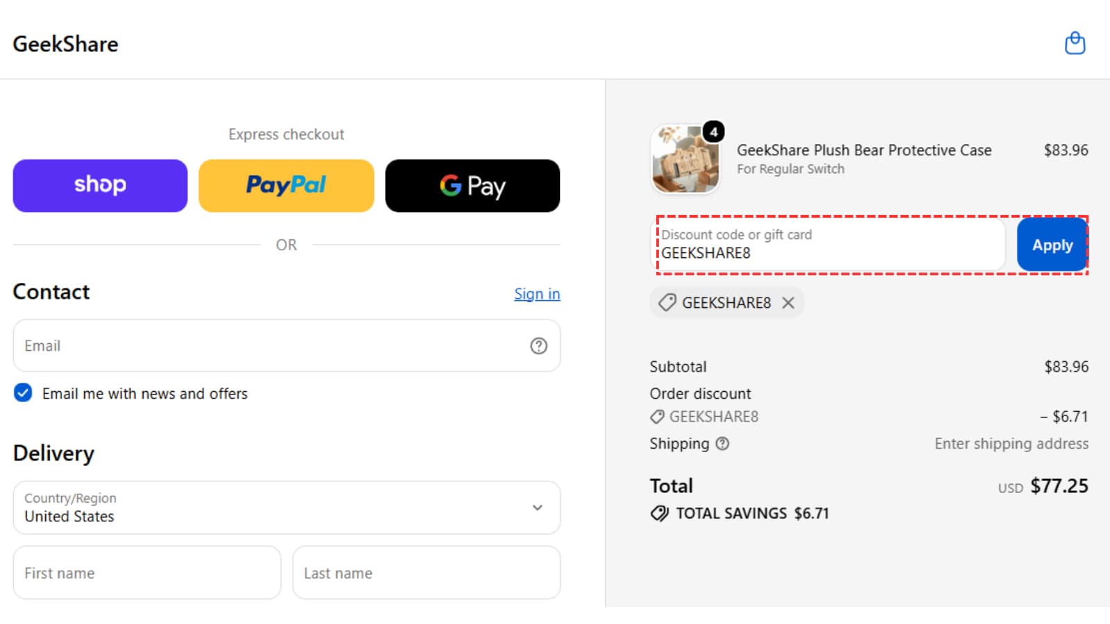 GeekShare GEEKSHARE8 coupon code checkout proof showing $6.71 order discount