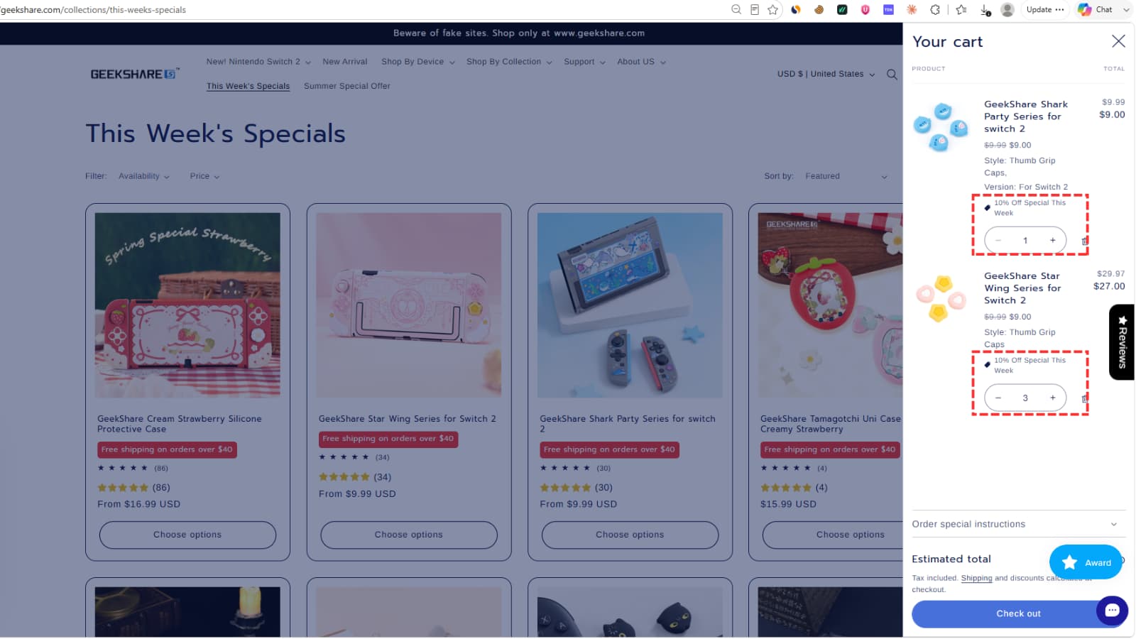 GeekShare This Week’s Specials 10% off cart proof showing Switch 2 thumb grip caps reduced from $9.99 to $9.00