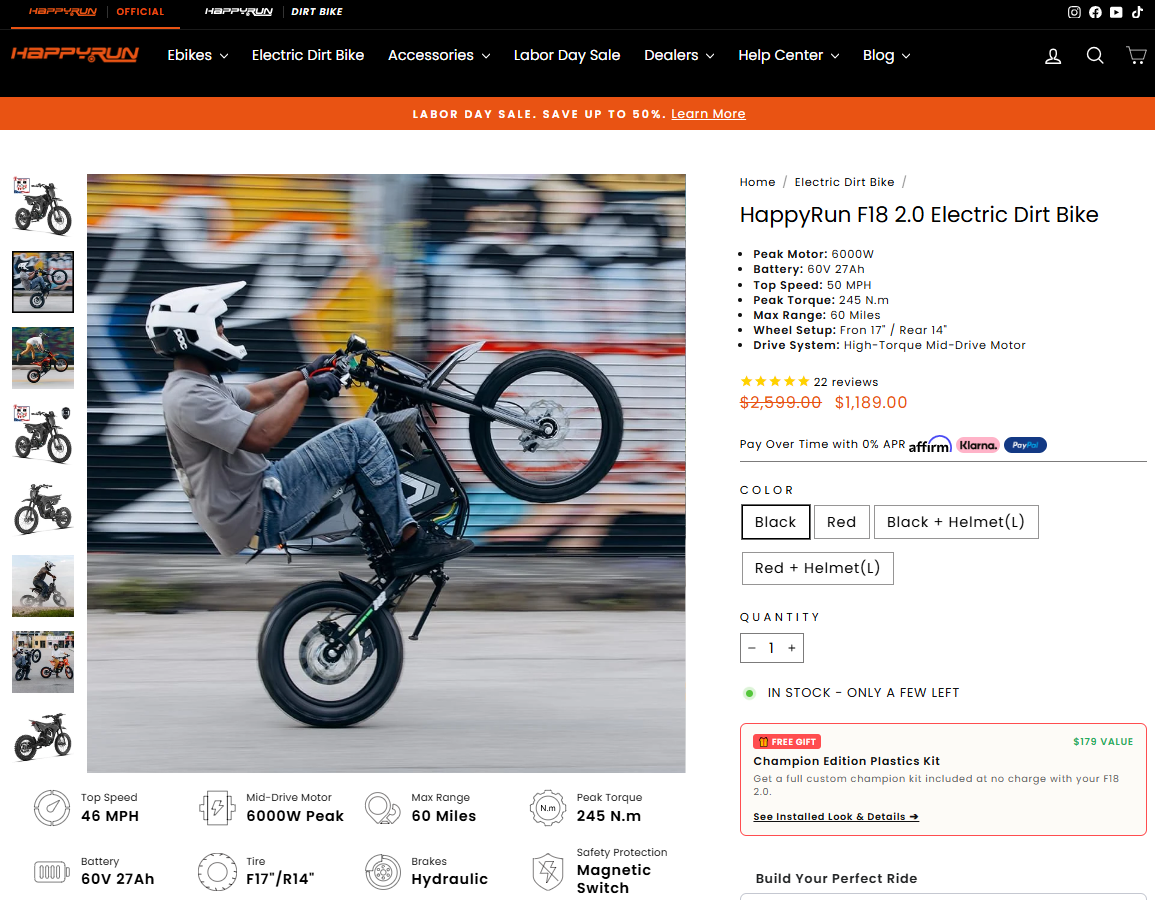 HappyRun F18 2.0 Electric Dirt Bike on sale for $1,189