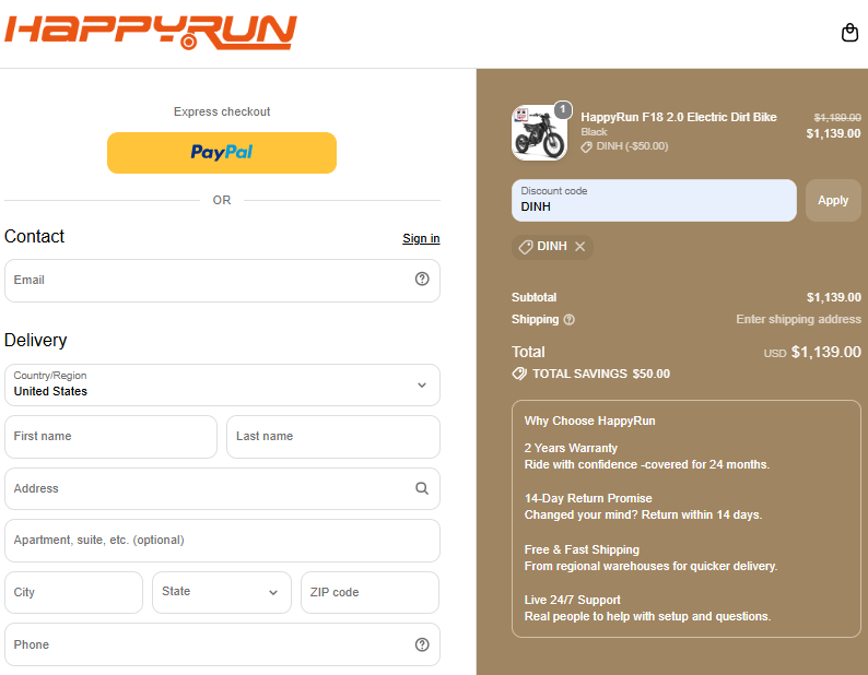 HappyRun code DINH taking $50 off the F18 2.0 Electric Dirt Bike