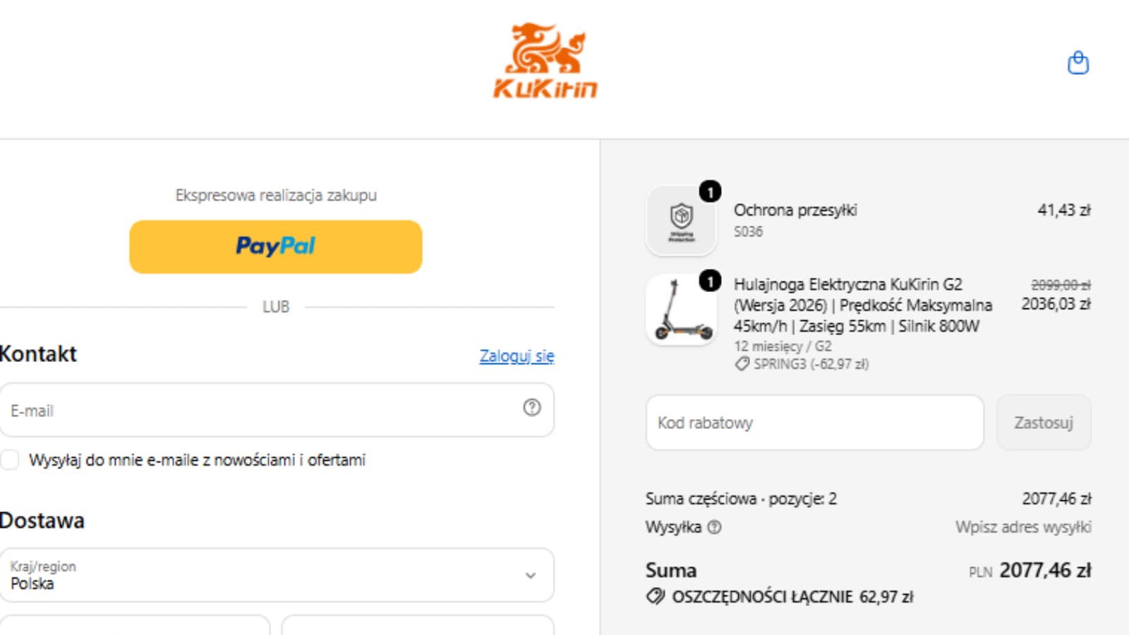 Kasa KuKirin pokazująca kod SPRING3 i rabat 62,97 zł na model G2 2026