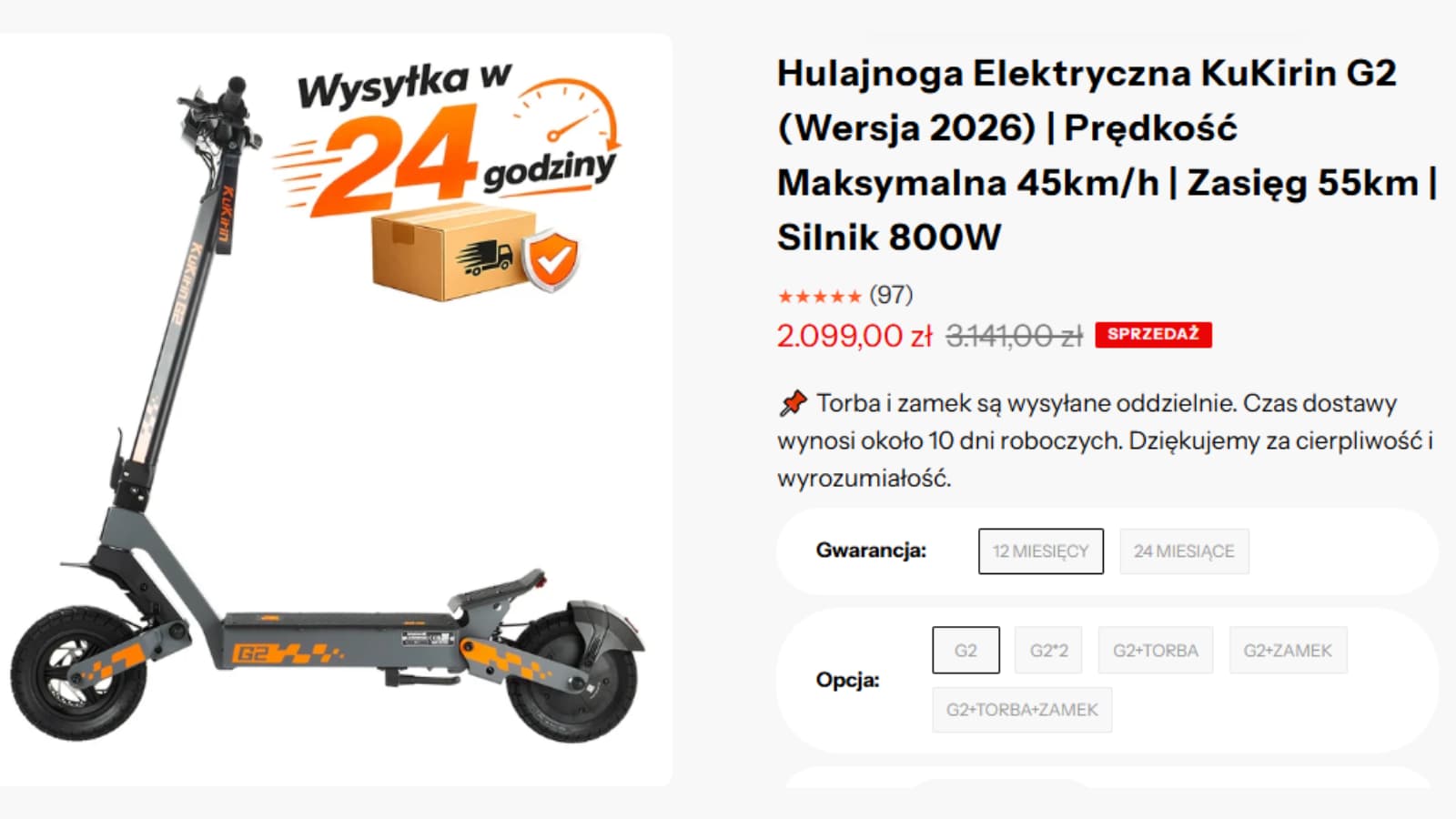 Strona produktu KuKirin G2 2026 pokazująca spadek ceny z 3 141,00 zł do 2 099,00 zł