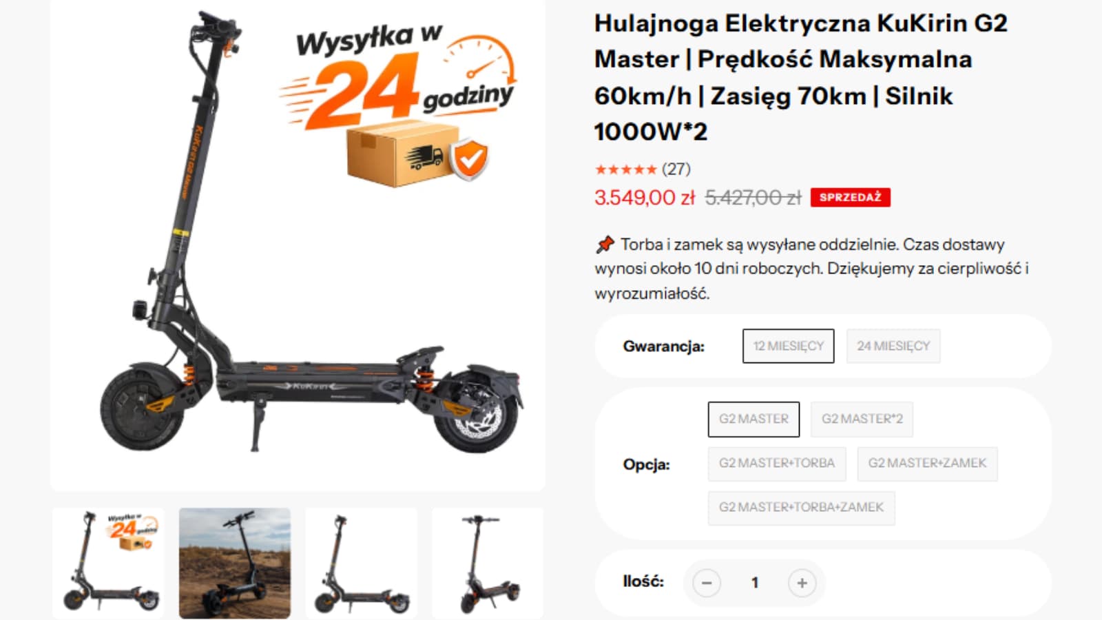 Strona produktu KuKirin G2 Master pokazująca cenę 3 549,00 zł zamiast 5 427,00 zł