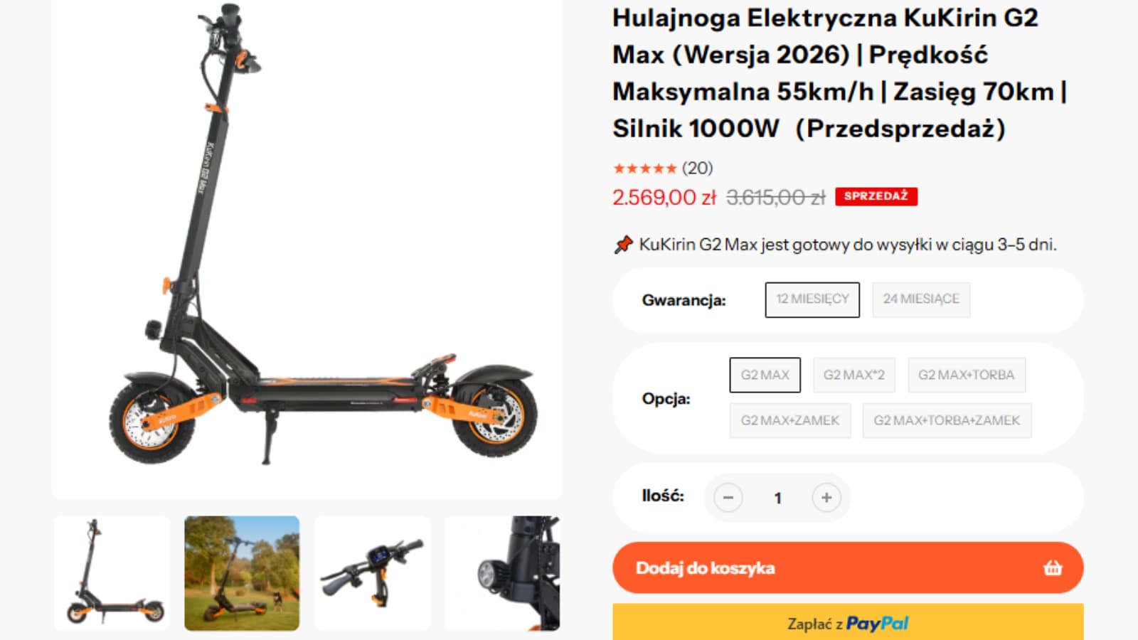 Strona produktu KuKirin G2 Max 2026 pokazująca cenę 2 569,00 zł zamiast 3 615,00 zł