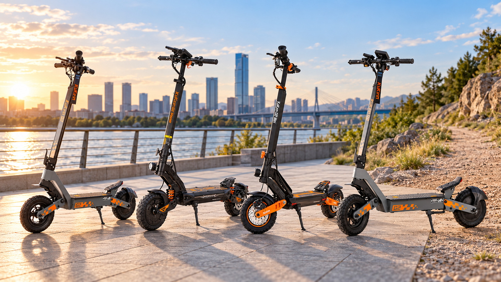 KuKirin G2, G2 Master, G2 Max and G4 electric scooters on an urban riverside route