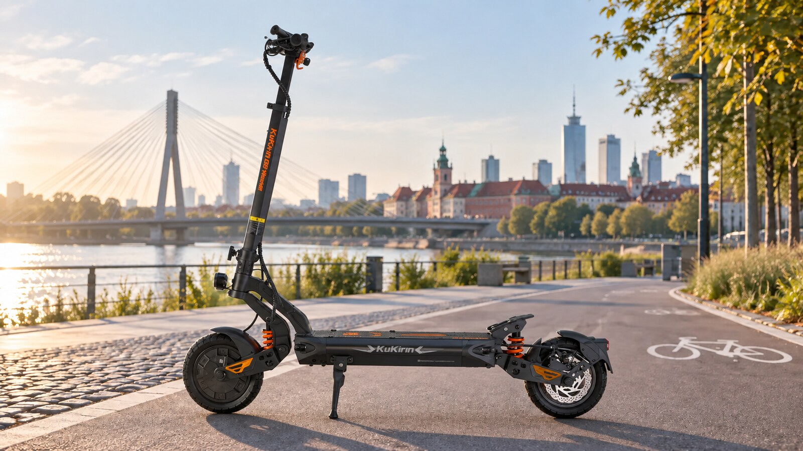KuKirin G2 Master dual-motor electric scooter on an urban riverside cycle path