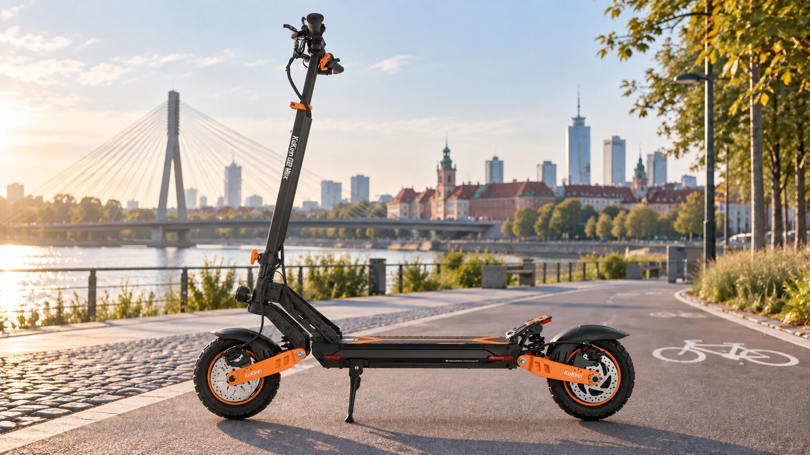 KuKirin G2 Max 2026 electric scooter on an urban riverside cycle path