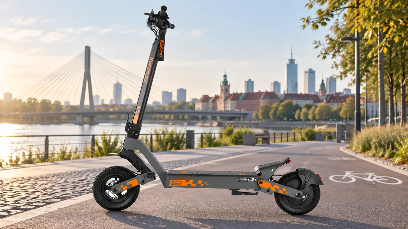 KuKirin G2 2026 electric scooter on an urban cycle path in Poland