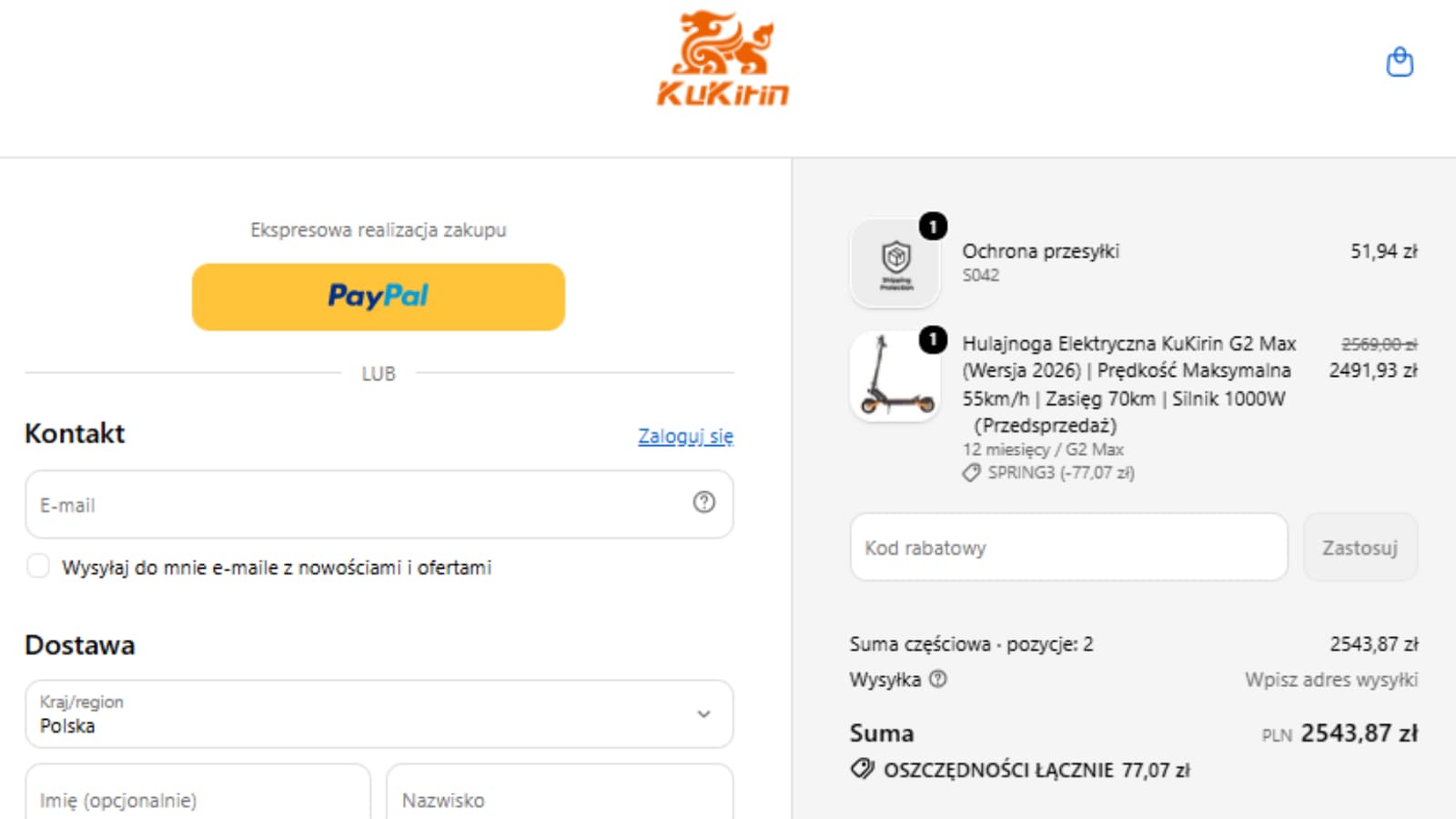 Koszyk KuKirin pokazujący kod SPRING3 i rabat 77,07 zł na G2 Max 2026