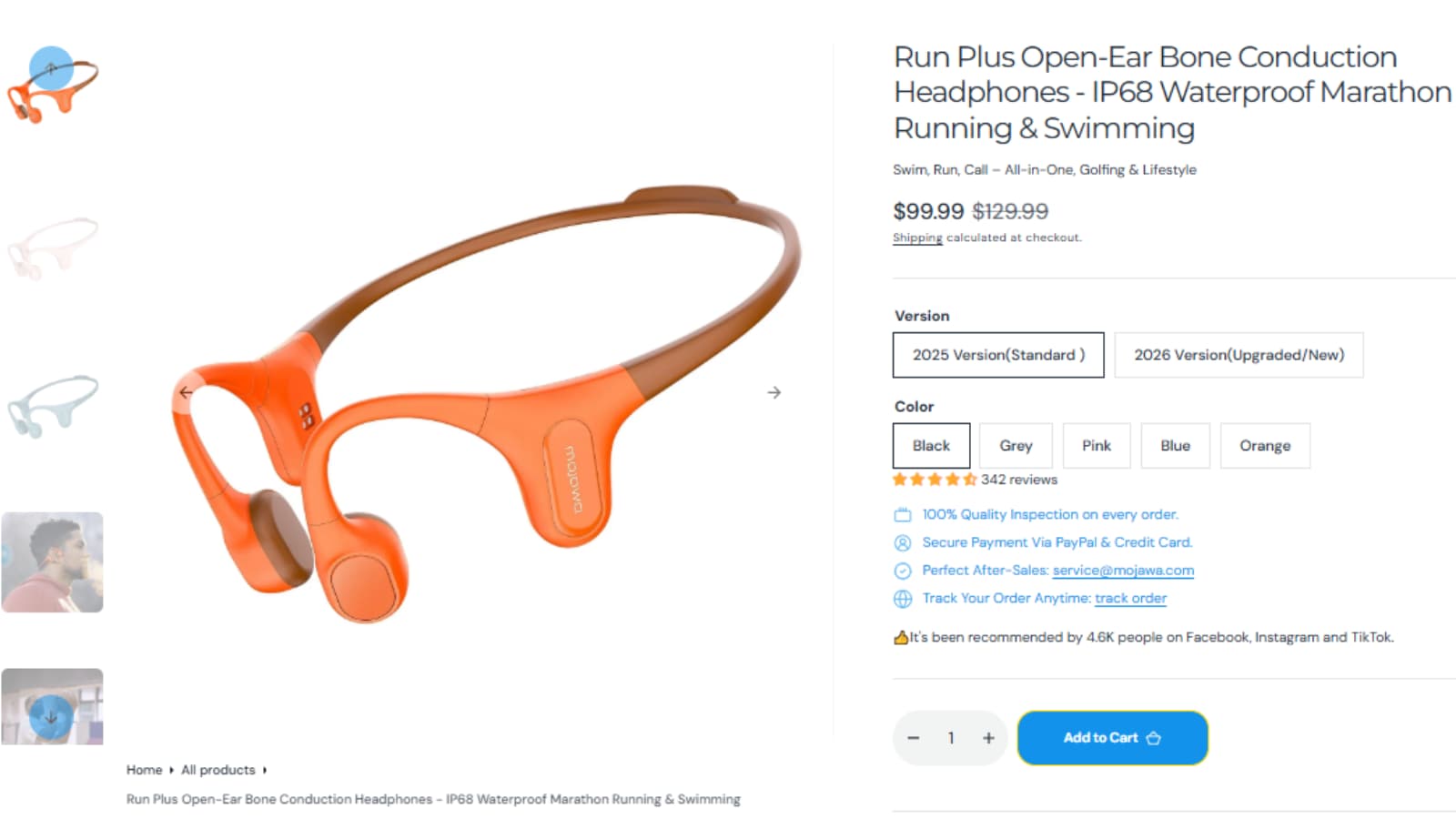 Mojawa Run Plus Open-Ear Bone Conduction Headphones Product-Page Deal Mojawa Run Plus Open-Ear Bone Conduction Headphones product-page deal showing $99.99 from $129.99, IP68 waterproof sports use and 32GB MP3 storage