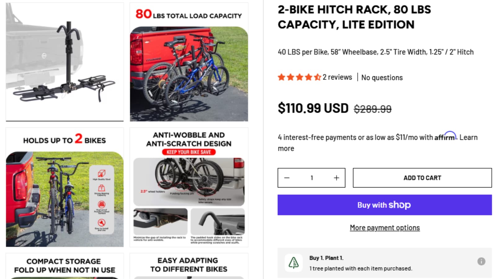 OutfitR 2-Bike Hitch Rack 80 LBS Lite Edition Deal Proof OutfitR 2-Bike Hitch Rack 80 LBS Lite Edition deal proof showing $110.99 sale price and $289.99 original price