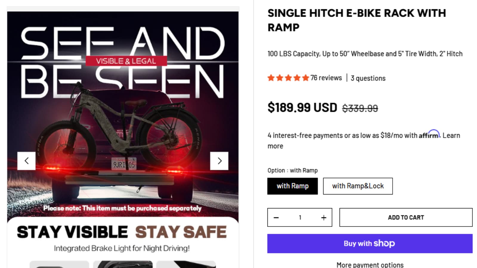 OutfitR Single Hitch E-Bike Rack With Ramp Deal Proof OutfitR Single Hitch E-Bike Rack With Ramp deal proof showing $189.99 sale price and $339.99 original price