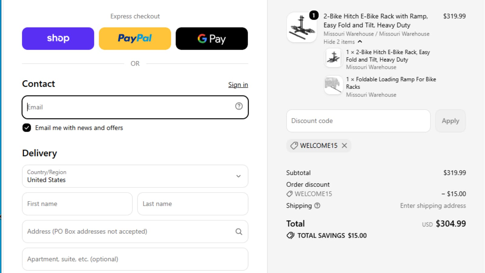 OutfitR WELCOME15 coupon code checkout proof showing $15 off first order