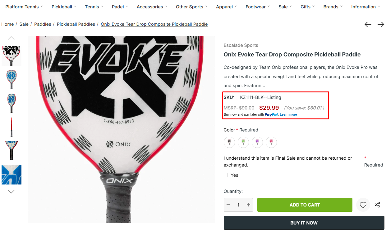 Onix Evoke Tear Drop Composite Pickleball Paddle