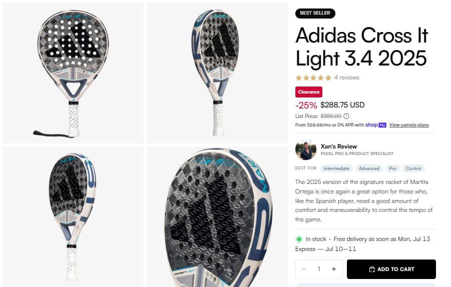 Padel USA Adidas Cross It Light 3.4 2025 sale proof showing 265.65 estimate after TURE30
