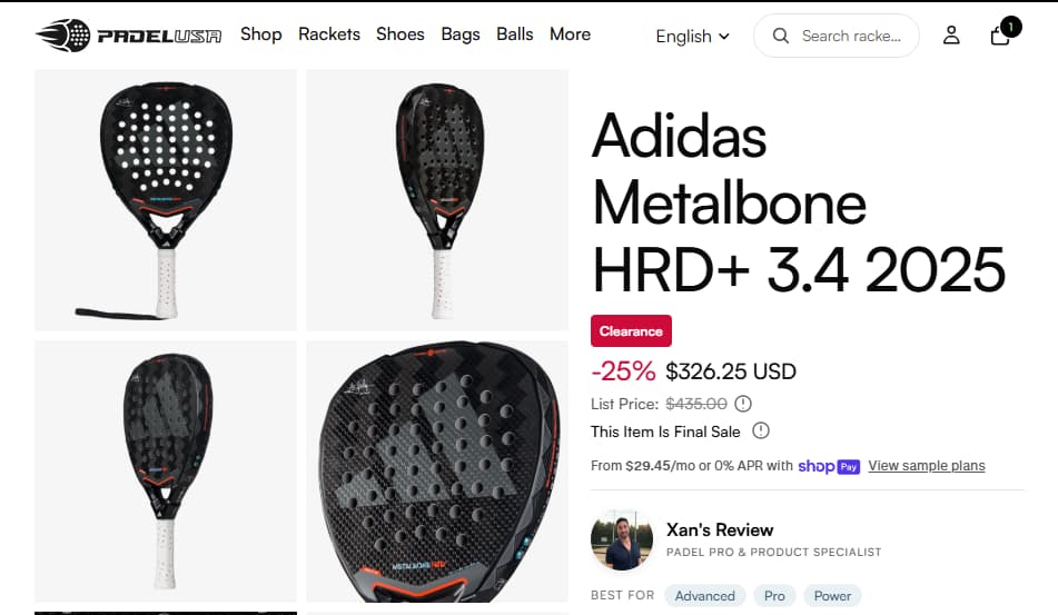 Padel USA Adidas Metalbone HRD plus 3.4 2025 checkout deal proof showing 300.15 after TURE30
