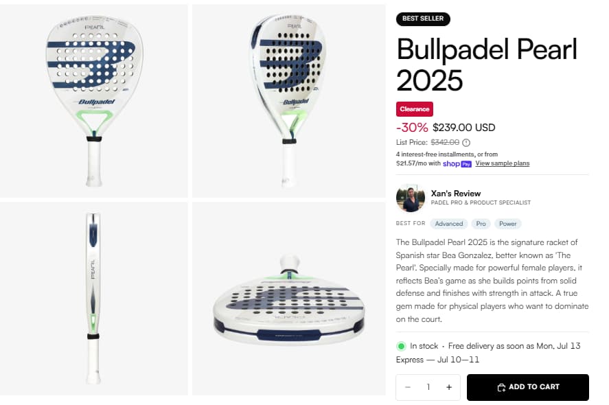 Padel USA Bullpadel Pearl 2025 sale proof showing final estimate after TURE30
